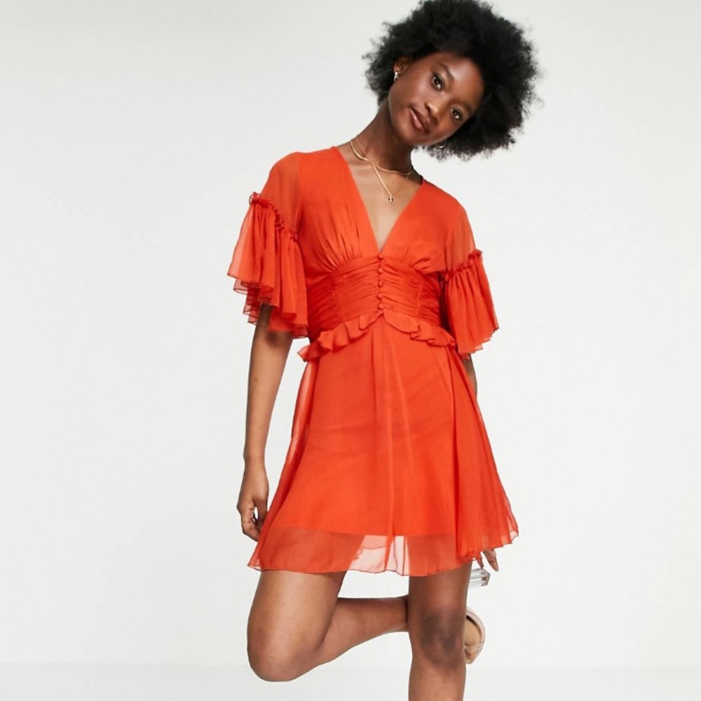 BNWOT ASOS flutter sleeve mini dress with pleated waist and button detail rust 4